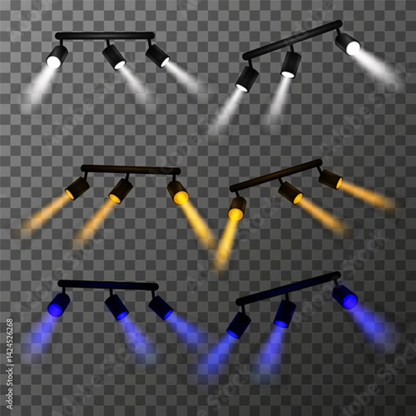 Fototapeta Set of lamps, spotlights of different colors: white, yellow and blue. Light rays have a realistic blurred effect. Composition of using track lights for accent lighting. Vector illustration EPS10.