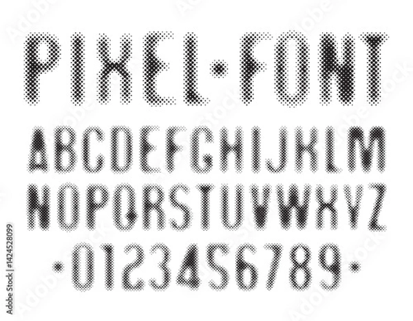 Obraz Hand drawn font consisting of dots, points. Simple font with the theme of computer games, digital technologies, pixels. Set of letters and numbers of the Latin alphabet. No AI used