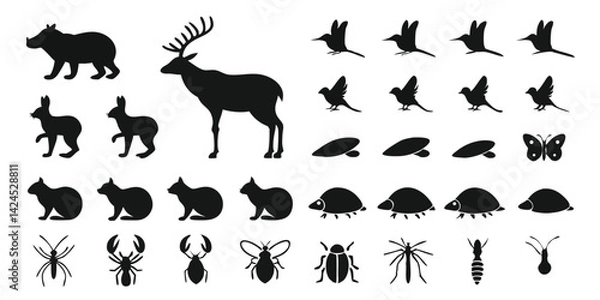 Fototapeta Wildlife Animal Silhouettes Vector - Forest Animals, Birds, Insects, Bugs, Deer, Bear, Squirrel, Butterfly, Turtle, and Spider Shapes