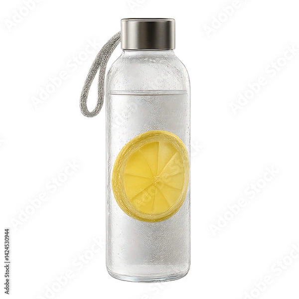 Fototapeta Condensation-covered glass water bottle with lemon slices on transparent background