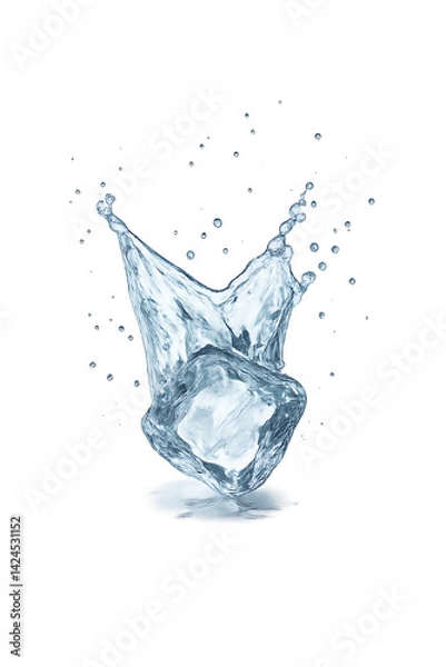 Fototapeta Ice cube splash with water droplets isolated on transparent background