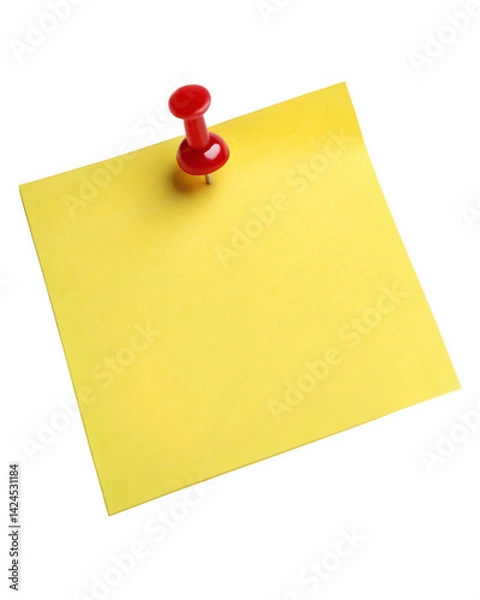 Fototapeta Sticky Yellow Note with Red Push Pin – Transparent PNG Background