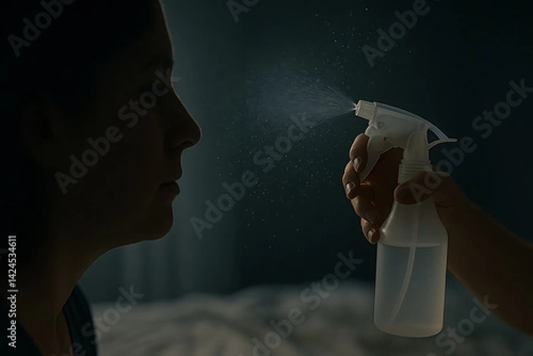 Fototapeta Spray bottle releasing sparkling droplets with silhouetted face in cinematic shallow focus