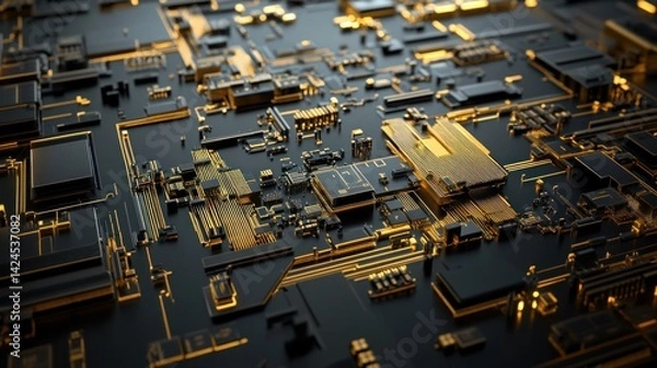 Fototapeta Abstract Circuit Board:  Gold and Black Technology Design