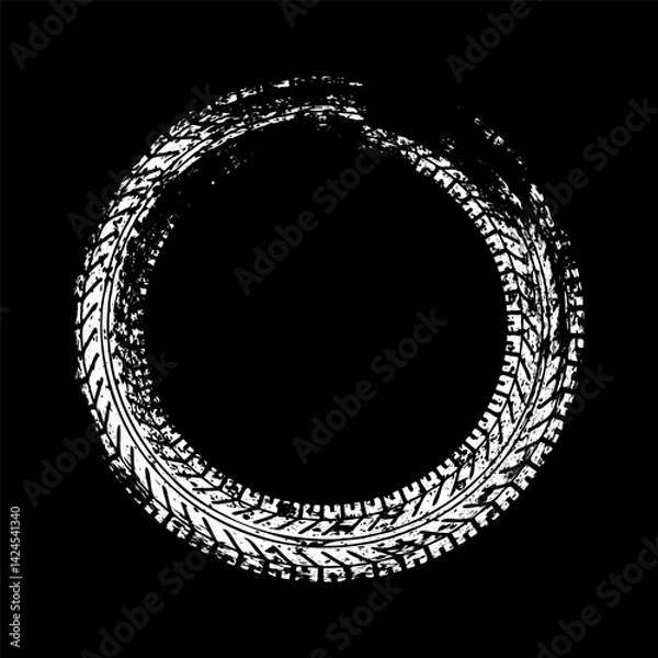 Fototapeta Grunge circle tire track, wheel braking mark. Truck, car or motorcycle tread pattern silhouettes. Auto race, motorsport, speed racing design element. Vector illustration