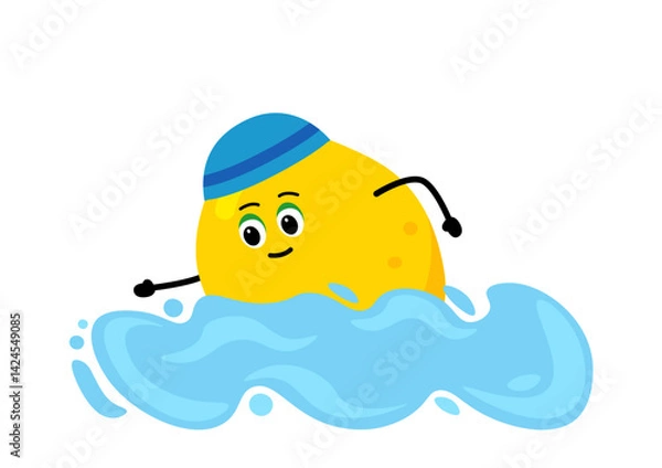 Fototapeta Cute Lemon. Lemon swimming.  The concept of health, fitness, cartoon. Vector illustration   in flat style.