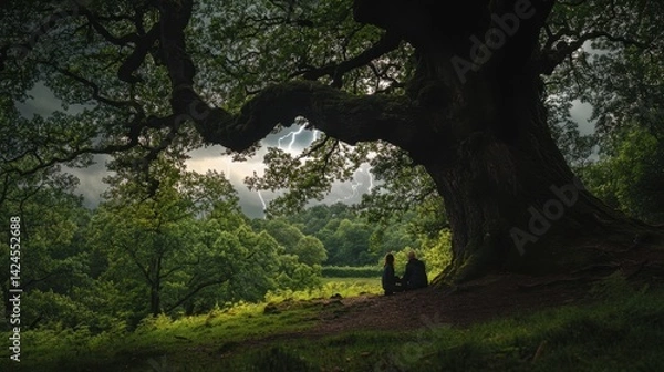 Fototapeta Couple Resting Together Under a Large Tree in a Lush Green Landscape