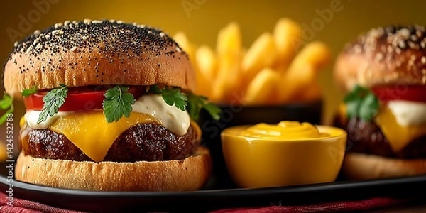 Obraz Two Burgers with French Fries and Sauce