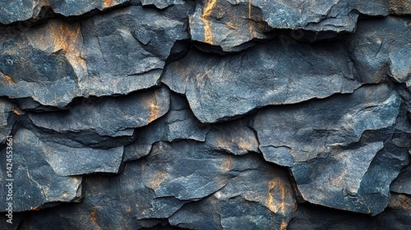 Fototapeta Close-up view of dark, textured rock face.  Intricate patterns of layered, rough, and jagged surfaces