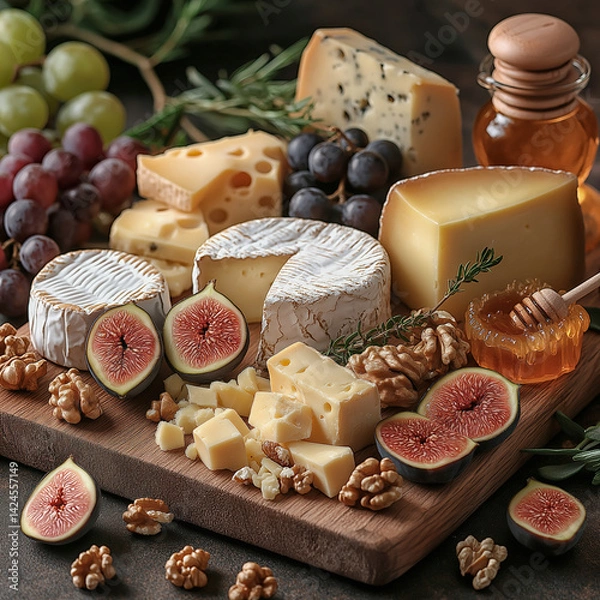 Obraz Cheese board on a rustic wooden slab.