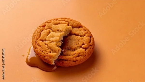 Fototapeta A peanut butter cup cookie with melted center. Cleanly isolated on a pastel caramel background