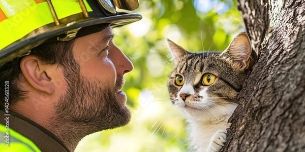 Fototapeta fireman rescuing cat from tree