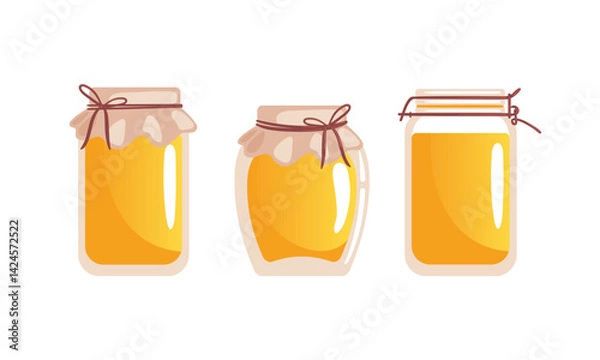 Fototapeta A vector illustration of honey jars of various shapes and sizes, each filled with golden, shiny honey. The jars are decorated with canvas fabric and rustic twine, showcasing their artisanal appeal.