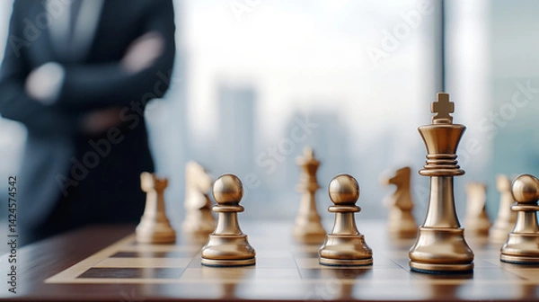Fototapeta Chess game strategy in modern office setting with blurred male adult figure