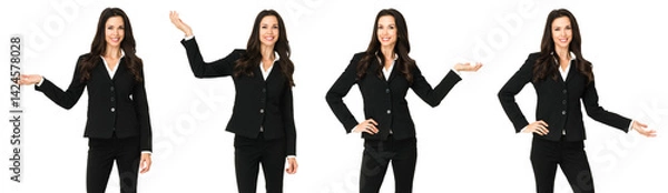 Fototapeta Pretty brunette businesswoman in several poses gesturing with one hand to empty space isolated on white background