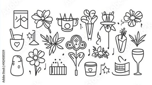 Fototapeta Event planning icons. Simple set of party related vector line Icons. Contains such Icons as bouquet of flowers, karaoke, dj, masquerade and more.