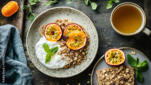 Obraz Delicious passion fruit and granola breakfast with yogurt and mint on rustic table