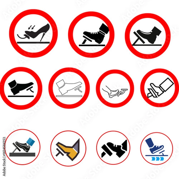 Obraz Set of Stop do not gas pedal or brake pedal. Break with foot icon. Cartoon foot push clutch