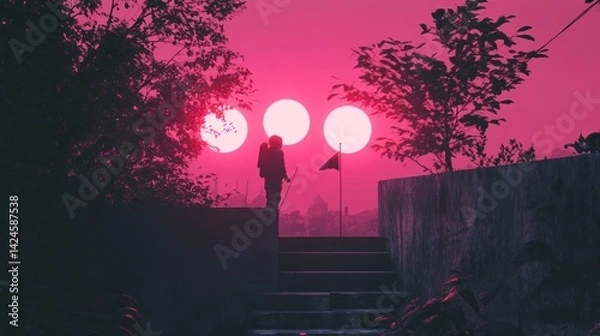 Fototapeta Silhouetted figure on steps, vibrant pink sunset, surreal landscape