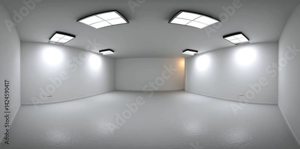 Fototapeta A 360-degree spherical view of an empty photo studio featuring a studio backdrop and flash lights, presented as a 3D render illustration in HDRI, HDR, and VR style