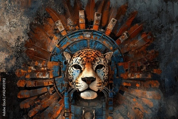 Fototapeta Jaguar's face adorned with intricate Aztec-inspired headdress, rusty textures, and vibrant colors.