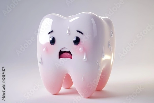 Fototapeta A scared cartoon tooth with sweat droplets, expressing dental anxiety or sensitivity.