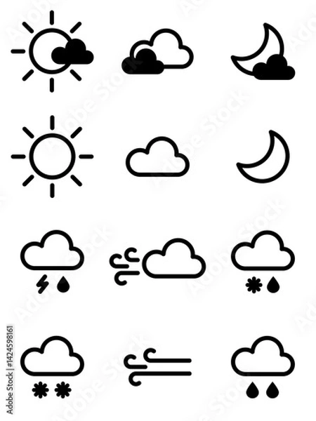 Fototapeta Weather icons. Weather forecast icons set. Clouds, sunny day, rain, moon, wind. Flat vector illustration
