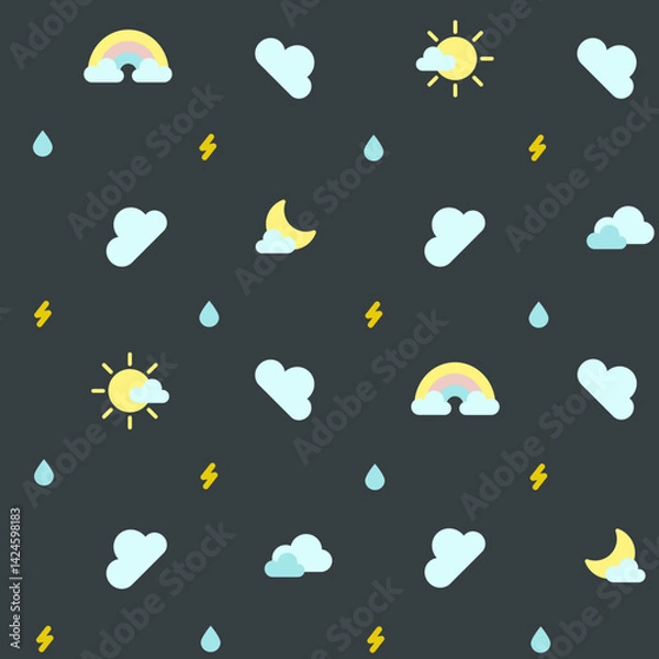 Fototapeta Seamless bright pattern about weather on a dark background: rainbow, cloud, sun, moon, lightning, drop