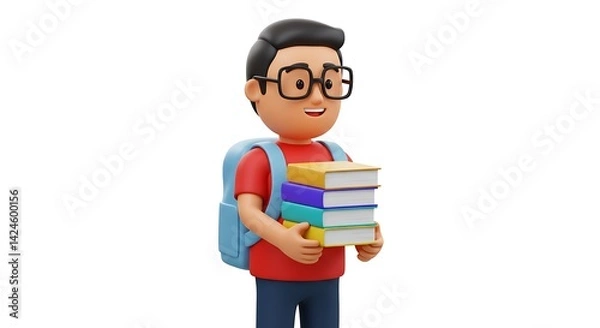Fototapeta  3D Student Character with Backpack and Books