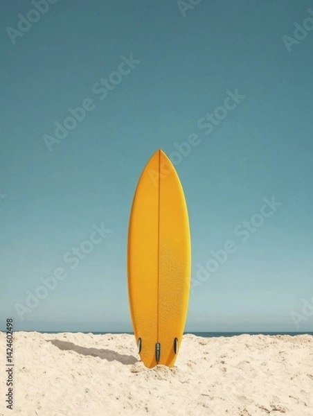Fototapeta Vibrant yellow surfboard standing upright in the sand on a beach with a clear blue sky in the background on a sunny day