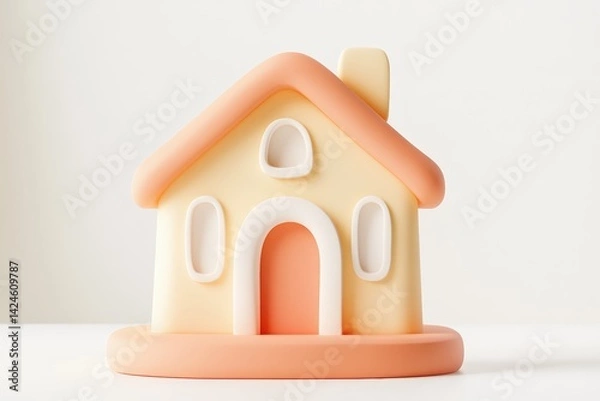 Fototapeta Minimalistic pastel pink and cream toy house isolated on white background, perfect for real estate, home iconography, or child-friendly graphic design concepts.