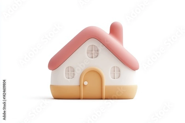 Obraz Minimalistic pastel pink and cream toy house isolated on white background, perfect for real estate, home iconography, or child-friendly graphic design concepts.