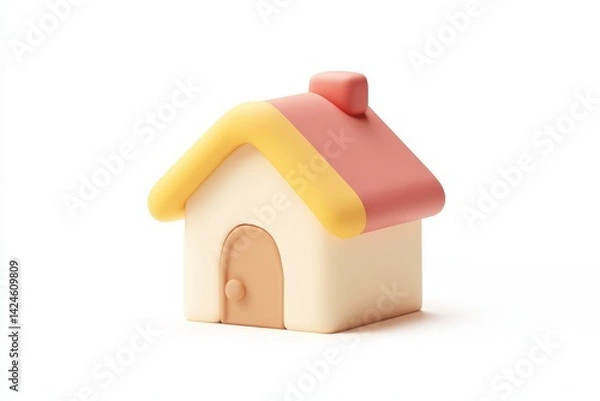 Obraz Minimalistic pastel pink and cream toy house isolated on white background, perfect for real estate, home iconography, or child-friendly graphic design concepts.