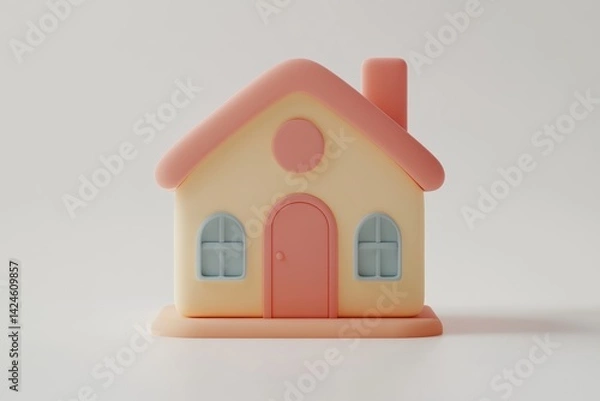 Obraz Minimalistic pastel pink and cream toy house isolated on white background, perfect for real estate, home iconography, or child-friendly graphic design concepts.