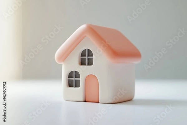 Obraz Minimalistic pastel pink and cream toy house isolated on white background, perfect for real estate, home iconography, or child-friendly graphic design concepts.