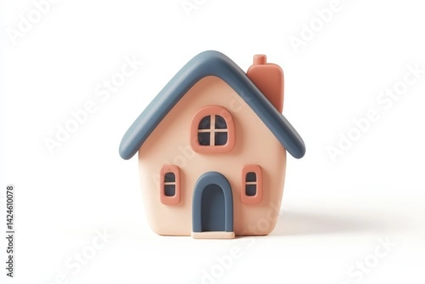 Obraz Minimalistic pastel pink and cream toy house isolated on white background, perfect for real estate, home iconography, or child-friendly graphic design concepts.