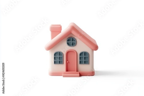 Obraz Minimalistic pastel pink and cream toy house isolated on white background, perfect for real estate, home iconography, or child-friendly graphic design concepts.