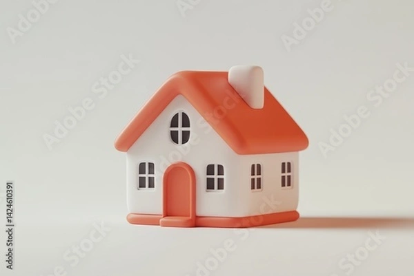 Obraz Minimalistic pastel pink and cream toy house isolated on white background, perfect for real estate, home iconography, or child-friendly graphic design concepts.