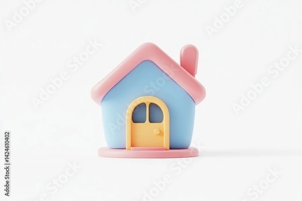 Obraz Minimalistic pastel pink and cream toy house isolated on white background, perfect for real estate, home iconography, or child-friendly graphic design concepts.