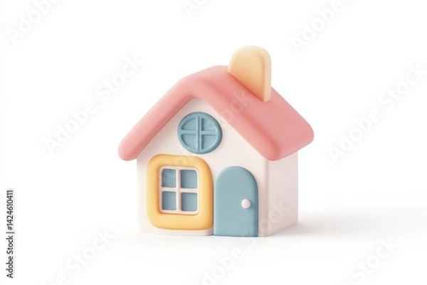 Obraz Minimalistic pastel pink and cream toy house isolated on white background, perfect for real estate, home iconography, or child-friendly graphic design concepts.