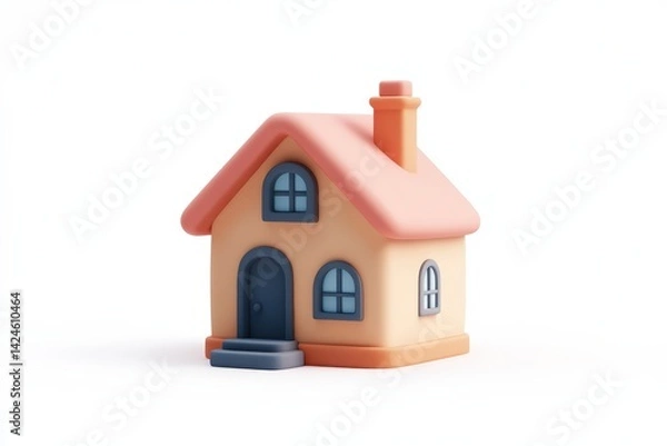 Obraz Minimalistic pastel pink and cream toy house isolated on white background, perfect for real estate, home iconography, or child-friendly graphic design concepts.