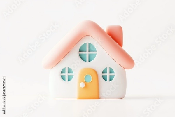 Fototapeta Minimalistic pastel pink and cream toy house isolated on white background, perfect for real estate, home iconography, or child-friendly graphic design concepts.
