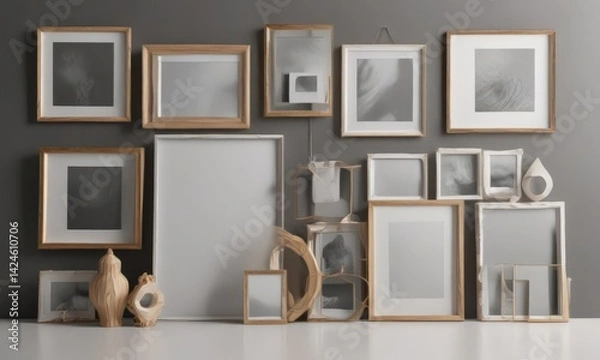 Fototapeta Modern photo frame collage moodboard; stylish design, various shapes and sizes, layout, mockup, style