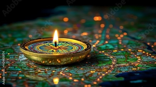 Fototapeta Lit compass on map, guiding journey