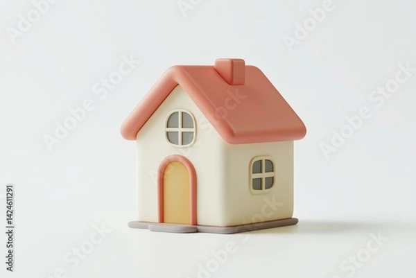 Obraz Minimalistic pastel pink and cream toy house isolated on white background, perfect for real estate, home iconography, or child-friendly graphic design concepts.