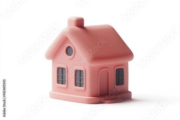 Obraz Minimalistic pastel pink and cream toy house isolated on white background, perfect for real estate, home iconography, or child-friendly graphic design concepts.
