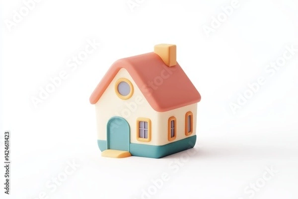 Obraz Minimalistic pastel pink and cream toy house isolated on white background, perfect for real estate, home iconography, or child-friendly graphic design concepts.