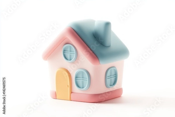 Obraz Minimalistic pastel pink and cream toy house isolated on white background, perfect for real estate, home iconography, or child-friendly graphic design concepts.