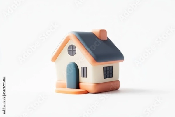 Obraz Minimalistic pastel pink and cream toy house isolated on white background, perfect for real estate, home iconography, or child-friendly graphic design concepts.