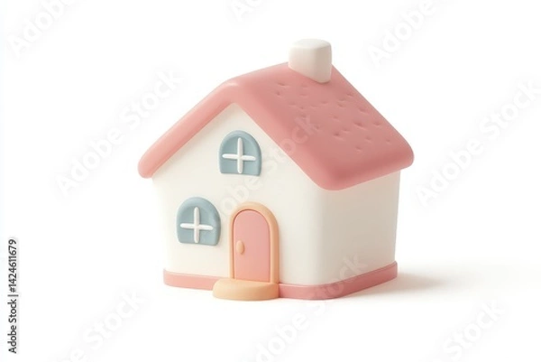Obraz Minimalistic pastel pink and cream toy house isolated on white background, perfect for real estate, home iconography, or child-friendly graphic design concepts.